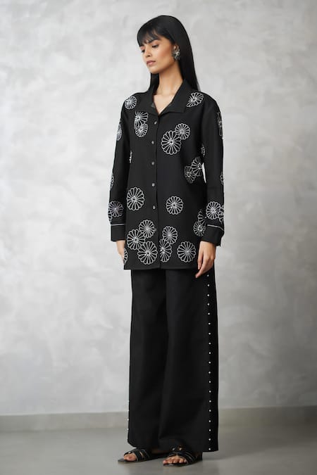 Nachiket Barve_Black Denim Cut Work, Pearls Collared Cutwork Shirt With Pant _Online_at_Aza_Fashions