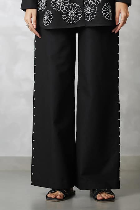 Buy_Nachiket Barve_Black Denim Cut Work, Pearls Collared Cutwork Shirt With Pant _Online_at_Aza_Fashions