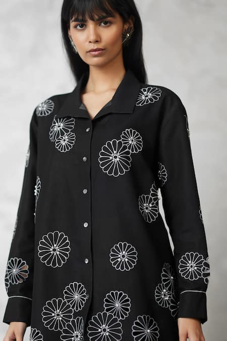 Shop_Nachiket Barve_Black Denim Cut Work, Pearls Collared Cutwork Shirt With Pant _Online_at_Aza_Fashions