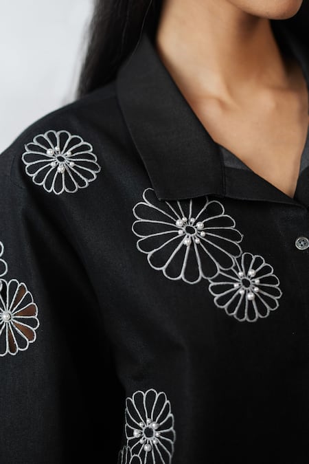 Nachiket Barve_Black Denim Cut Work, Pearls Collared Cutwork Shirt With Pant _at_Aza_Fashions