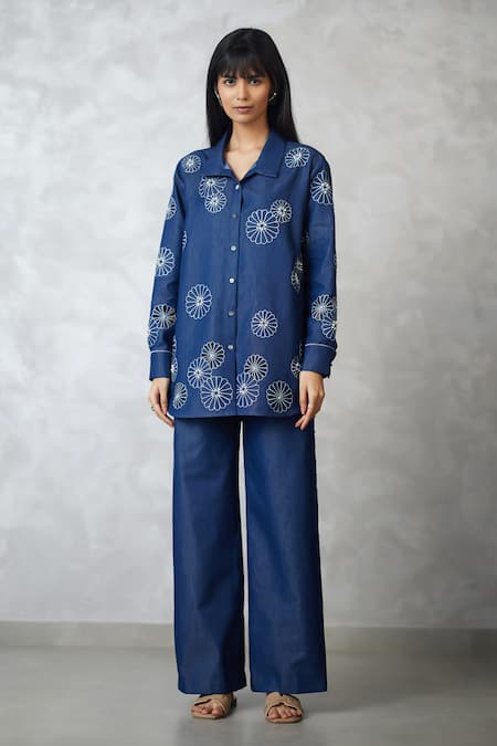 Nachiket Barve Blue Denim Embroidery, Pearls Collared Cutwork Shirt And Pant Set