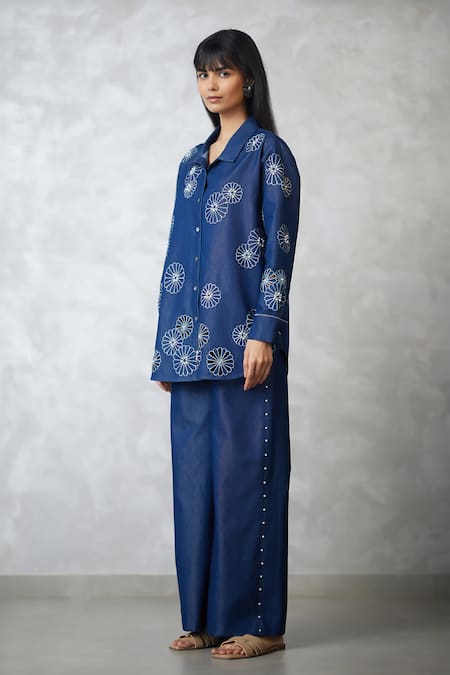 Nachiket Barve_Blue Denim Embroidery, Pearls Collared Cutwork Shirt And Pant Set _Online_at_Aza_Fashions