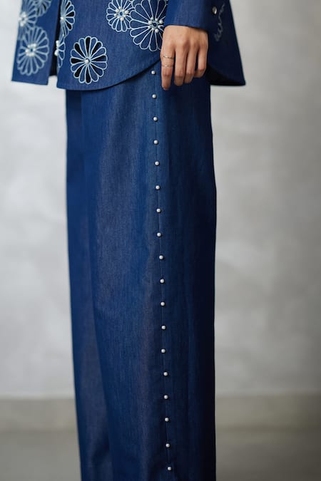 Buy_Nachiket Barve_Blue Denim Embroidery, Pearls Collared Cutwork Shirt And Pant Set _Online_at_Aza_Fashions