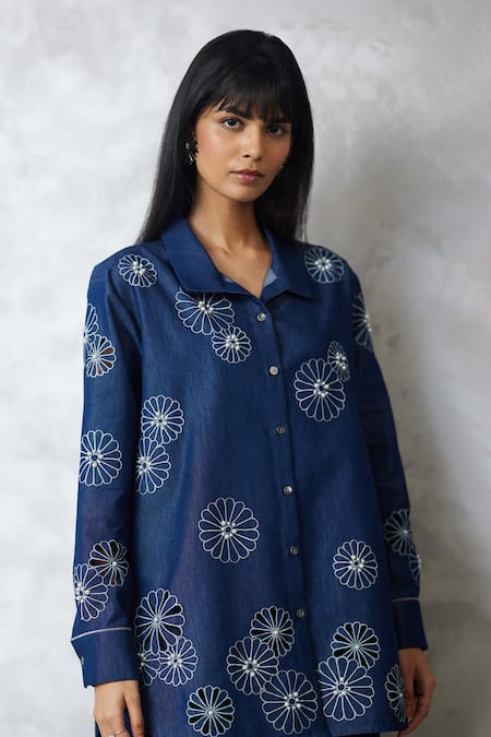 Shop_Nachiket Barve_Blue Denim Embroidery, Pearls Collared Cutwork Shirt And Pant Set _Online_at_Aza_Fashions