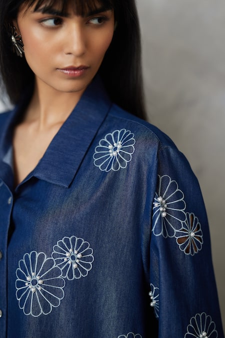 Nachiket Barve_Blue Denim Embroidery, Pearls Collared Cutwork Shirt And Pant Set _at_Aza_Fashions