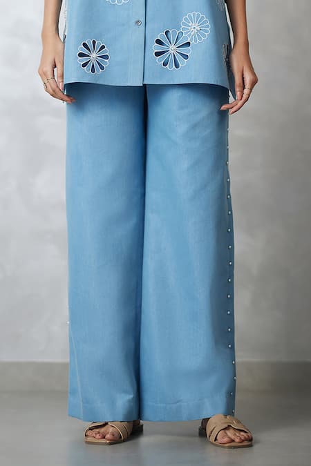 Nachiket Barve_Blue Denim Embroidery, Pearls Collared Light Shirt And Pant Set _Online_at_Aza_Fashions
