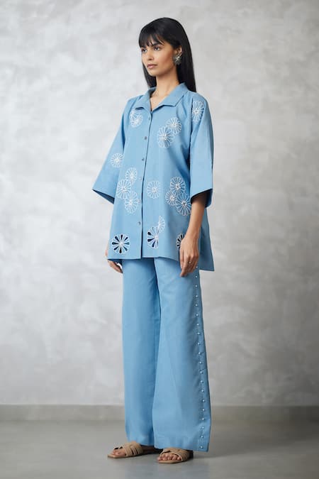 Buy_Nachiket Barve_Blue Denim Embroidery, Pearls Collared Light Shirt And Pant Set _Online_at_Aza_Fashions