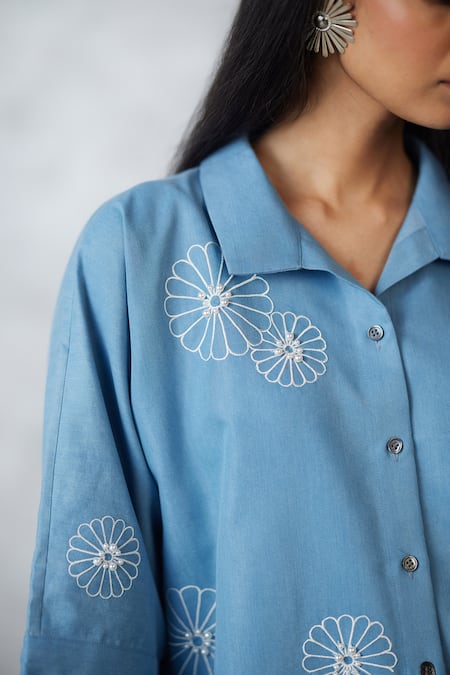 Shop_Nachiket Barve_Blue Denim Embroidery, Pearls Collared Light Shirt And Pant Set _Online_at_Aza_Fashions