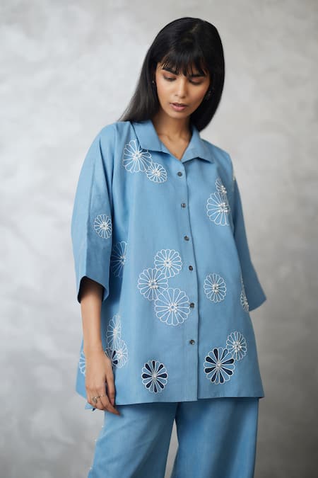 Nachiket Barve_Blue Denim Embroidery, Pearls Collared Light Shirt And Pant Set _at_Aza_Fashions