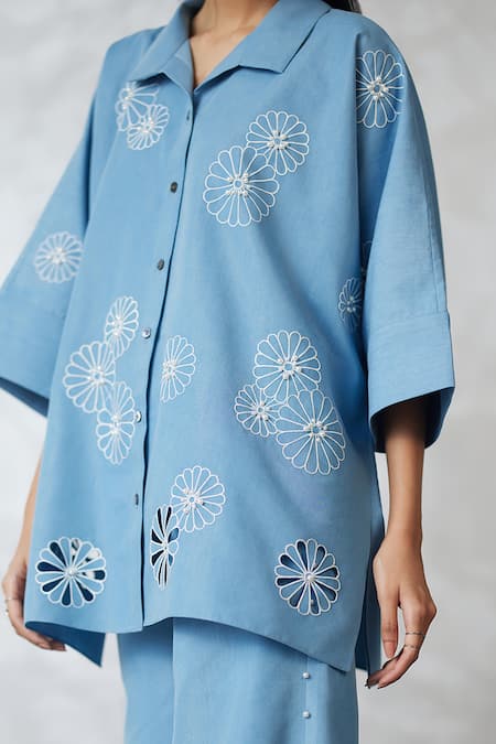 Buy_Nachiket Barve_Blue Denim Embroidery, Pearls Collared Light Shirt And Pant Set 