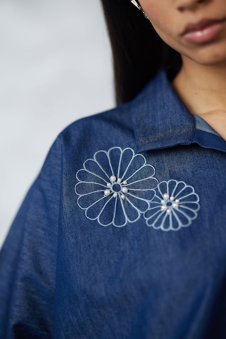 Nachiket Barve_Blue Denim Pearls, Embroidery Collared Dark Shirt And Pant Set _Online_at_Aza_Fashions