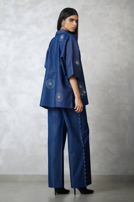 Buy_Nachiket Barve_Blue Denim Pearls, Embroidery Collared Dark Shirt And Pant Set _Online_at_Aza_Fashions