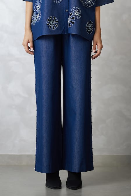 Shop_Nachiket Barve_Blue Denim Pearls, Embroidery Collared Dark Shirt And Pant Set _Online_at_Aza_Fashions