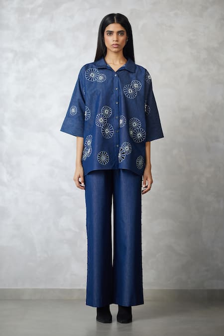 Nachiket Barve_Blue Denim Pearls, Embroidery Collared Dark Shirt And Pant Set _at_Aza_Fashions