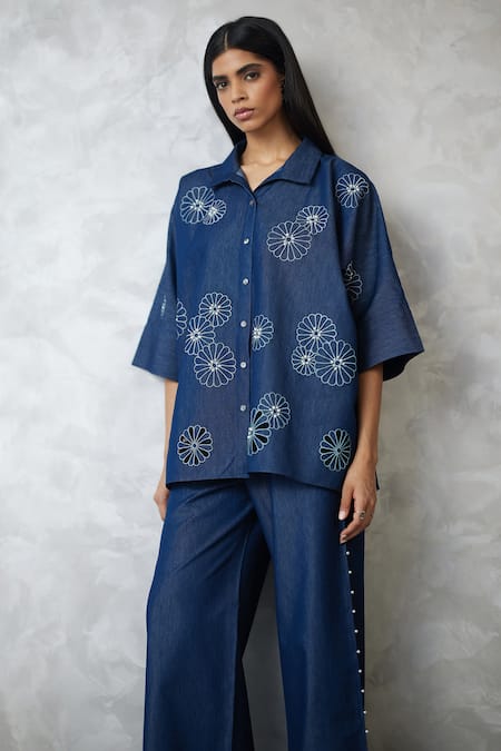 Buy_Nachiket Barve_Blue Denim Pearls, Embroidery Collared Dark Shirt And Pant Set 