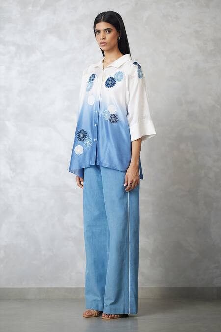 Nachiket Barve_Ivory Chanderi, Denim Applique Collared Nova T-shape Shirt And Pant Set _Online_at_Aza_Fashions