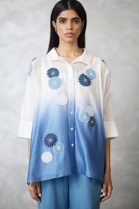 Shop_Nachiket Barve_Ivory Chanderi, Denim Applique Collared Nova T-shape Shirt And Pant Set _Online_at_Aza_Fashions