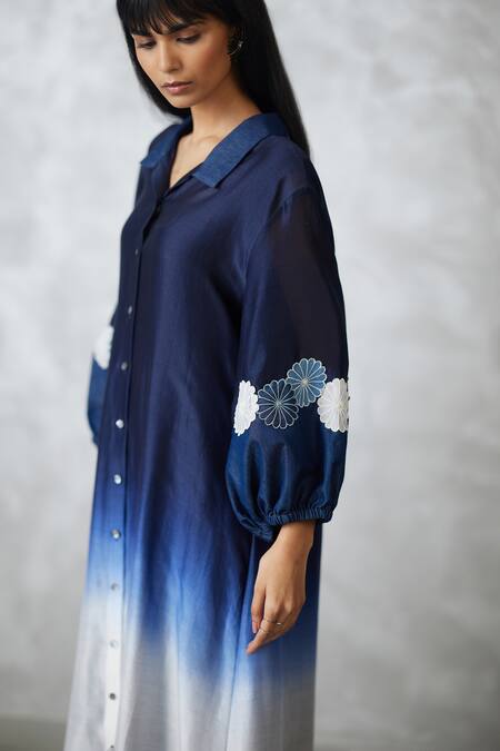 Nachiket Barve_Blue Chanderi, Denim Applique Collared, V-neck Ombre Bishop Dress _Online_at_Aza_Fashions