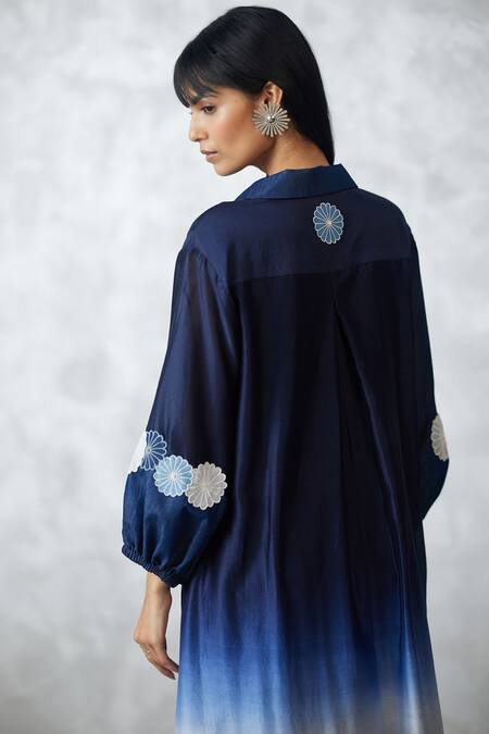 Buy_Nachiket Barve_Blue Chanderi, Denim Applique Collared, V-neck Ombre Bishop Dress _Online_at_Aza_Fashions