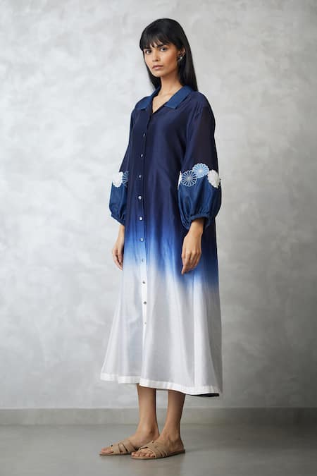 Shop_Nachiket Barve_Blue Chanderi, Denim Applique Collared, V-neck Ombre Bishop Dress _Online_at_Aza_Fashions