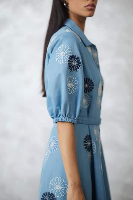 Nachiket Barve_Blue Denim Applique Collared Light Dress _Online_at_Aza_Fashions