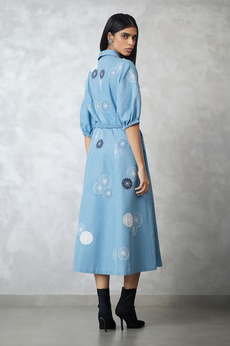 Nachiket Barve Light Blue Denim Applique Dress
