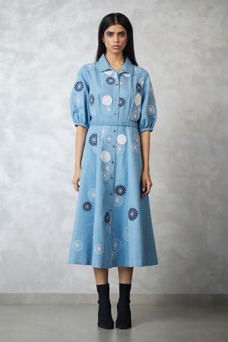 Buy_Nachiket Barve_Blue Denim Applique Collared Light Dress _Online_at_Aza_Fashions