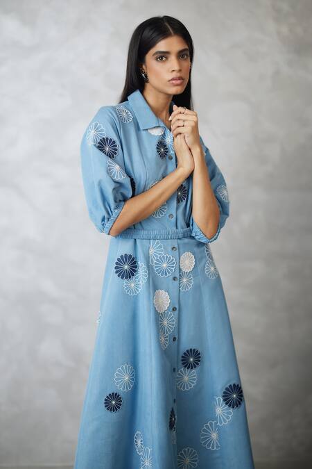 Shop_Nachiket Barve_Blue Denim Applique Collared Light Dress _Online_at_Aza_Fashions
