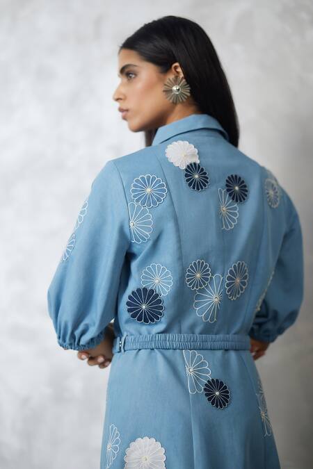 Nachiket Barve_Blue Denim Applique Collared Light Dress _at_Aza_Fashions