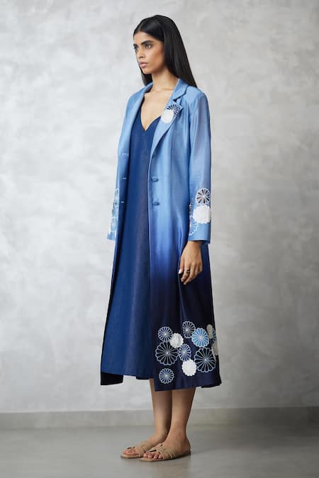 Nachiket Barve Blue Chanderi, Denim Applique Collared, V-neck Ombre Jacket And Dress Set Online at Aza Fashions Nachiket Barve_Blue Chanderi, Denim Applique Collared, V-neck Ombre Jacket And Dress Set _Online_at_Aza_Fashions