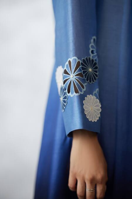 Buy Nachiket Barve Blue Chanderi, Denim Applique Collared, V-neck Ombre Jacket And Dress Set Online at Aza Fashions Buy_Nachiket Barve_Blue Chanderi, Denim Applique Collared, V-neck Ombre Jacket And Dress Set _Online_at_Aza_Fashions