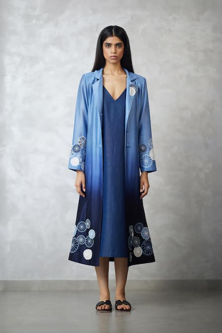 Nachiket Barve Blue Chanderi, Denim Applique Collared, V-neck Ombre Jacket And Dress Set