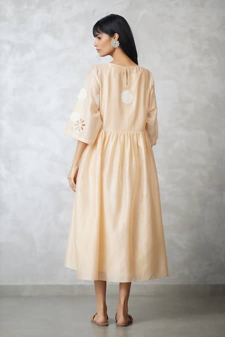 Nachiket Barve Beige Cutwork Applique Gathered Dress