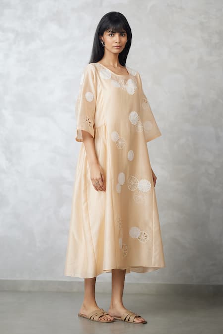 Nachiket Barve_Beige Chanderi, Shantoon Cut Work Round Neck Applique Gathered Dress _Online_at_Aza_Fashions