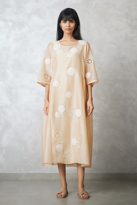 Buy_Nachiket Barve_Beige Chanderi, Shantoon Cut Work Round Neck Applique Gathered Dress _Online_at_Aza_Fashions
