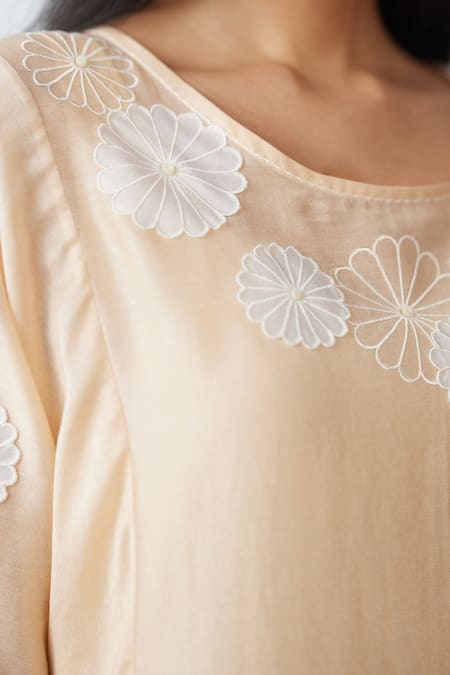 Shop_Nachiket Barve_Beige Chanderi, Shantoon Cut Work Round Neck Applique Gathered Dress _Online_at_Aza_Fashions