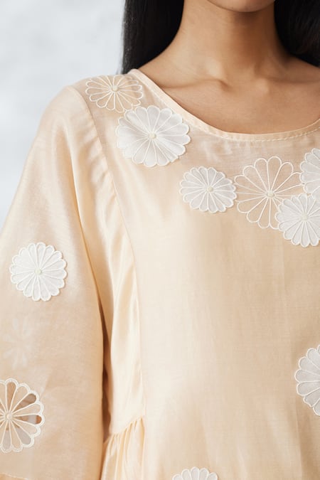 Nachiket Barve_Beige Chanderi, Shantoon Cut Work Round Neck Applique Gathered Dress _at_Aza_Fashions