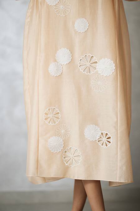 Buy_Nachiket Barve_Beige Chanderi, Shantoon Cut Work Round Neck Applique Gathered Dress 