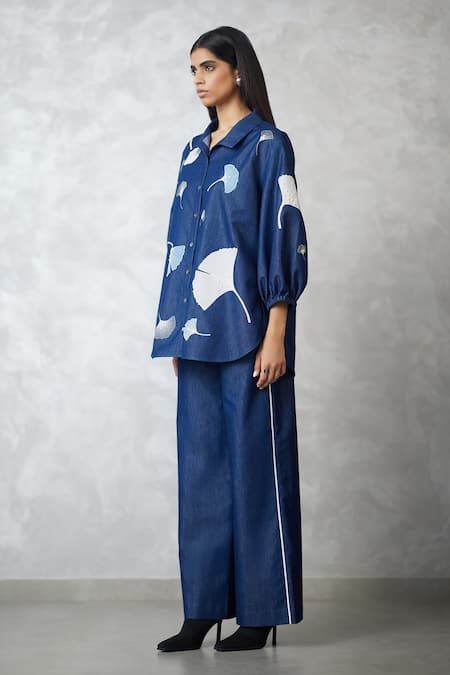 Nachiket Barve_Navy Denim Embroidery Collared Ginkgo Bishop Sleeve Set _Online_at_Aza_Fashions