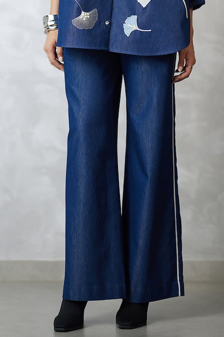 Buy_Nachiket Barve_Navy Denim Embroidery Collared Ginkgo Bishop Sleeve Set _Online_at_Aza_Fashions