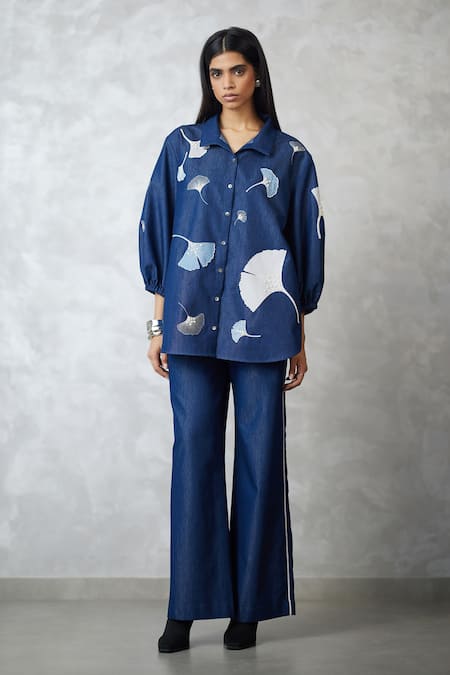 Nachiket Barve Navy Denim Embroidery Collared Ginkgo Bishop Sleeve Set 