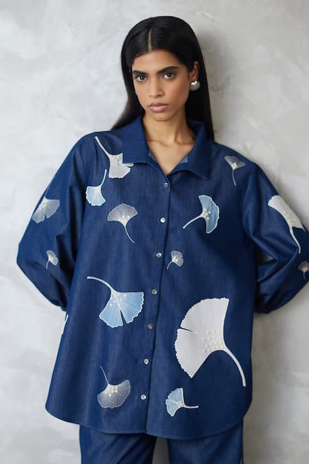 Shop_Nachiket Barve_Navy Denim Embroidery Collared Ginkgo Bishop Sleeve Set _Online_at_Aza_Fashions