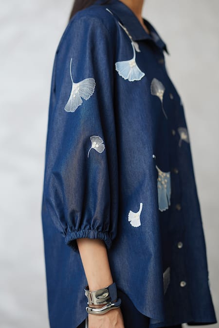Nachiket Barve_Navy Denim Embroidery Collared Ginkgo Bishop Sleeve Set _at_Aza_Fashions