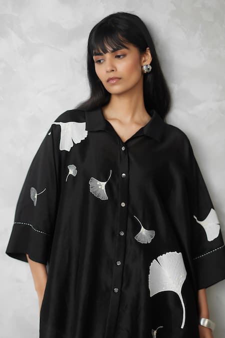 Buy_Nachiket Barve_Black Chanderi, Tussar Embroidery Collared Ginkgo Shirt And Pant Set _Online_at_Aza_Fashions