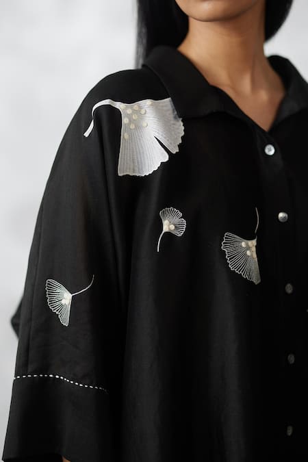 Shop_Nachiket Barve_Black Chanderi, Tussar Embroidery Collared Ginkgo Shirt And Pant Set _Online_at_Aza_Fashions