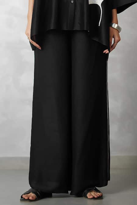 Nachiket Barve_Black Chanderi, Tussar Embroidery Collared Ginkgo Shirt And Pant Set _at_Aza_Fashions