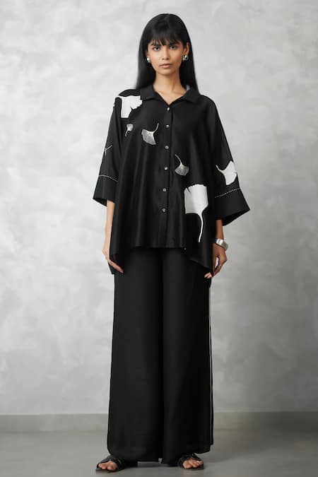 Nachiket Barve Black Chanderi, Tussar Embroidery Collared Ginkgo Shirt And Pant Set 