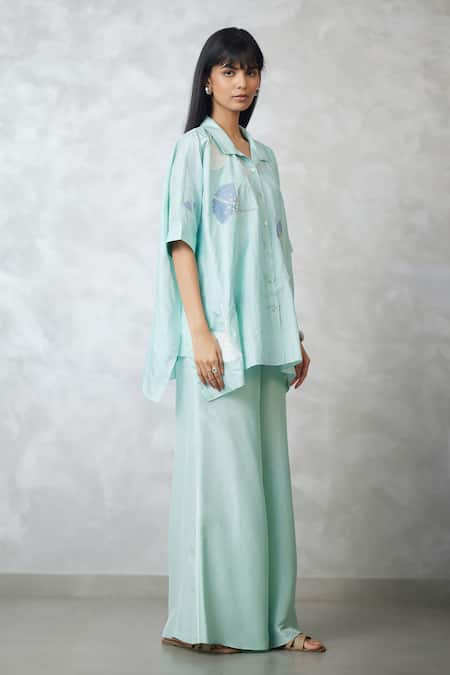 Nachiket Barve_Teal Silk, Tussar Embroidery Collared Ginkgo Crushed Shirt And Pant Set _Online_at_Aza_Fashions