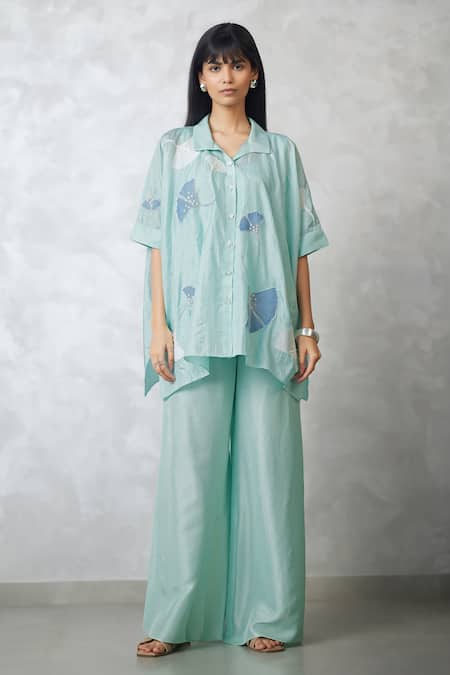 Nachiket Barve Teal Silk, Tussar Embroidery Collared Ginkgo Crushed Shirt And Pant Set