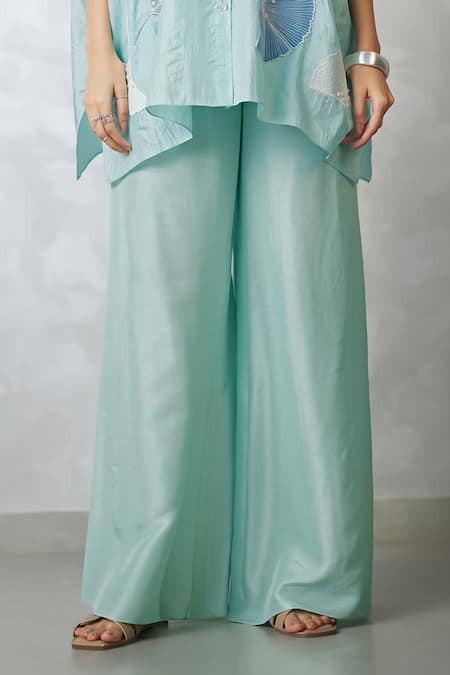 Buy_Nachiket Barve_Teal Silk, Tussar Embroidery Collared Ginkgo Crushed Shirt And Pant Set _Online_at_Aza_Fashions